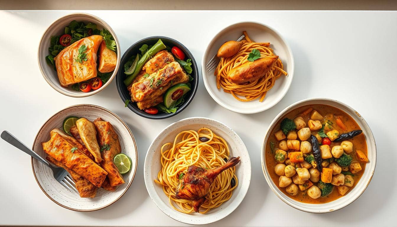 Dinner Recipes for Busy Families – Collage of five NYC-inspired meals displayed on a kitchen counter for quick family dinners