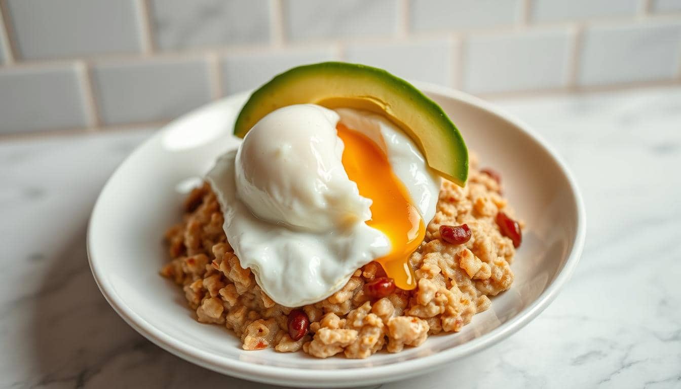Savory oatmeal bowl with avocado and egg on a minimalist white plate against subway tile background