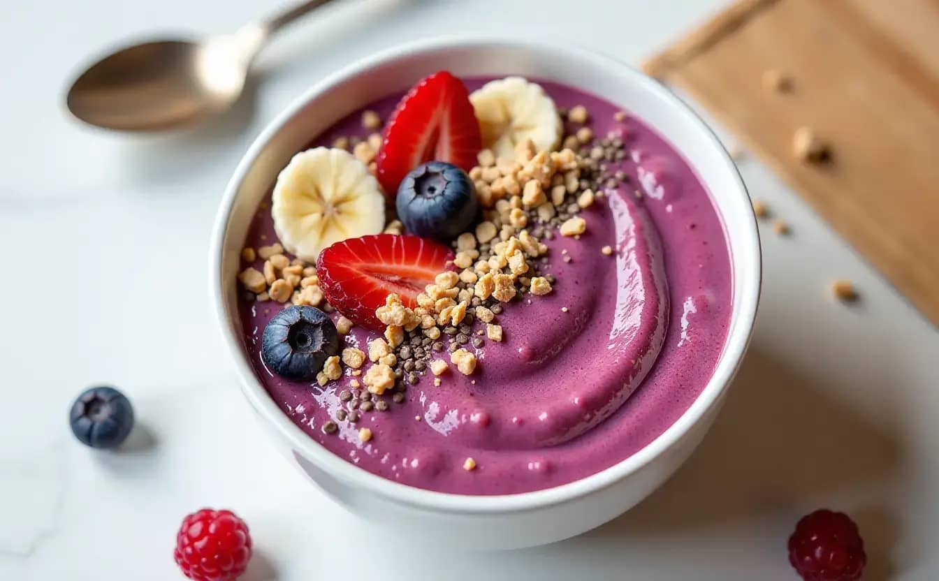 Top view of a creamy purple açaí bowl, garnished with banana slices, fresh strawberries, blueberries, chia seeds, and crunchy granola, placed on a light wooden surface